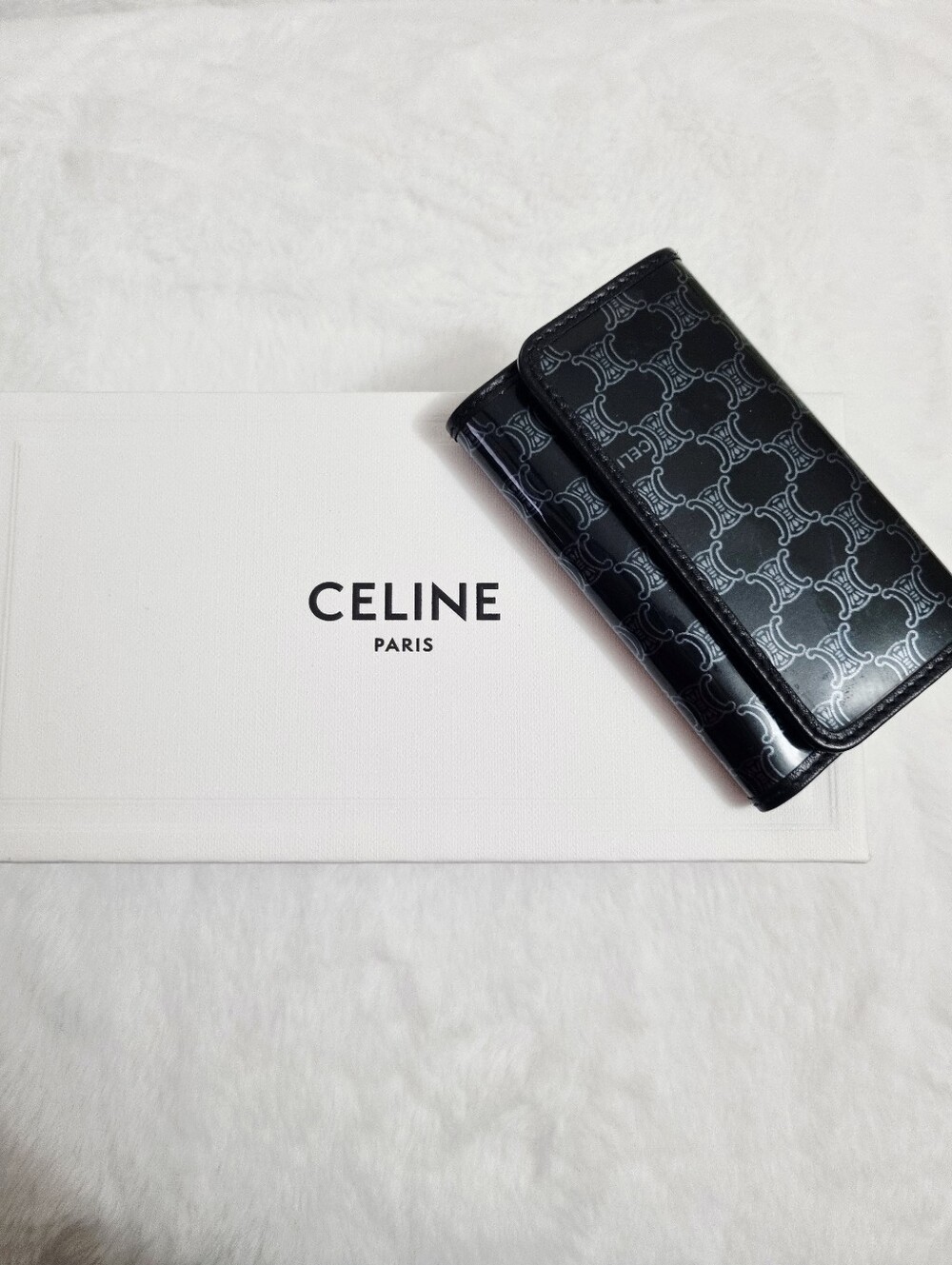 Celine Black Triomphe Patent Leather Card & Key Holder
